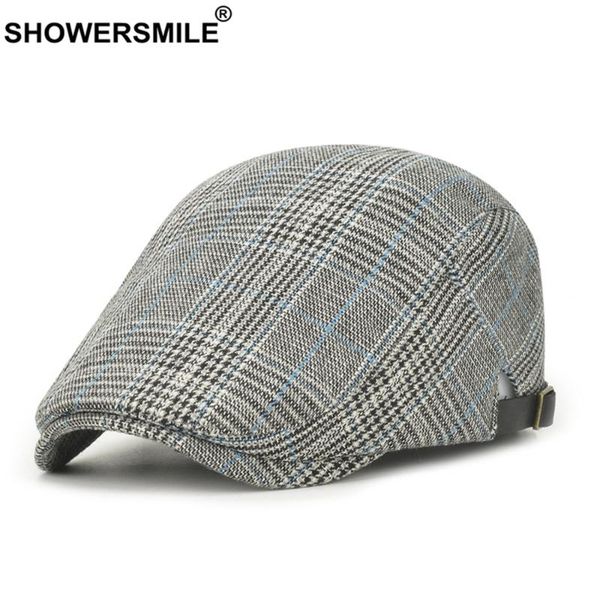 

showersmile gray plaid male beret flat cap men cotton british style vintage adjustable brand ivy hats, Blue;gray