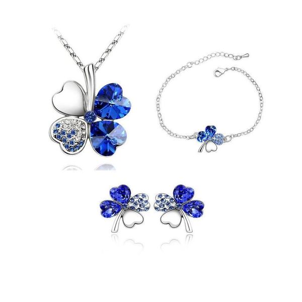 

new fashion four leaf clover pendant necklaces jewelry sets austria zircon crystal necklace+earrings+bracelet set love heart women jpuhi, Black