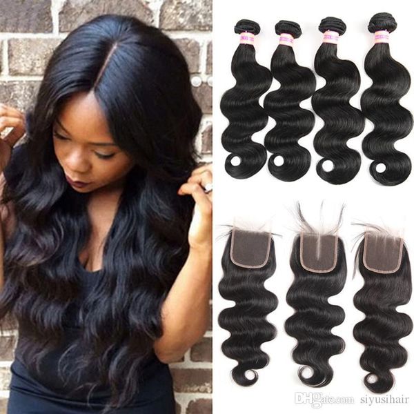 

9a malaysian peruvian indian brazilian virgin body wave hair weaves 3 or 4 bundles with closure human hair bundle with lace closure, Black;brown