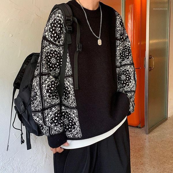 

men's sweaters autumn winter sweater men's stitching cashew flower printed o-neck ethnic style simple loose warm lantern sleeve pu, White;black
