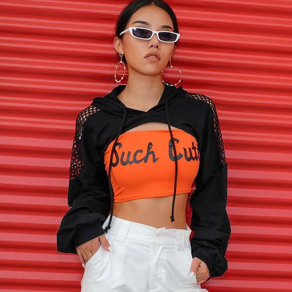 

womens party club long sleeve mesh fish net hooded sweatshirt crop drop shipping good quality, Black