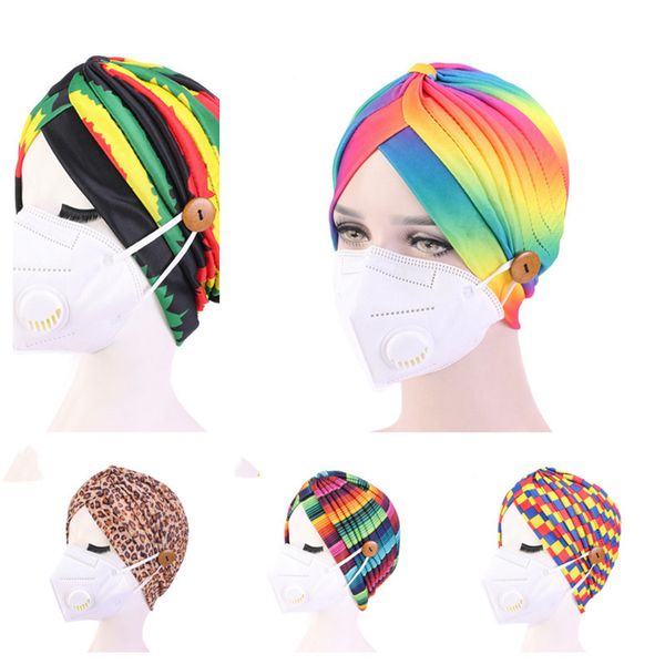 

2021 womans indian turban hat with face mask buttons pleated head wrap designers fashion hairwraps chemo stretchy indian cap gg12304, Yellow
