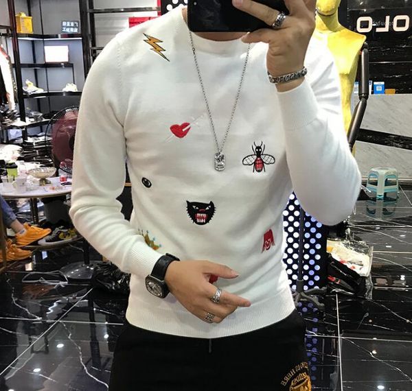 

sweater men's high-end new trend fashion bee embroidery sweater handsome casual net red bottoming shirt1, White;black