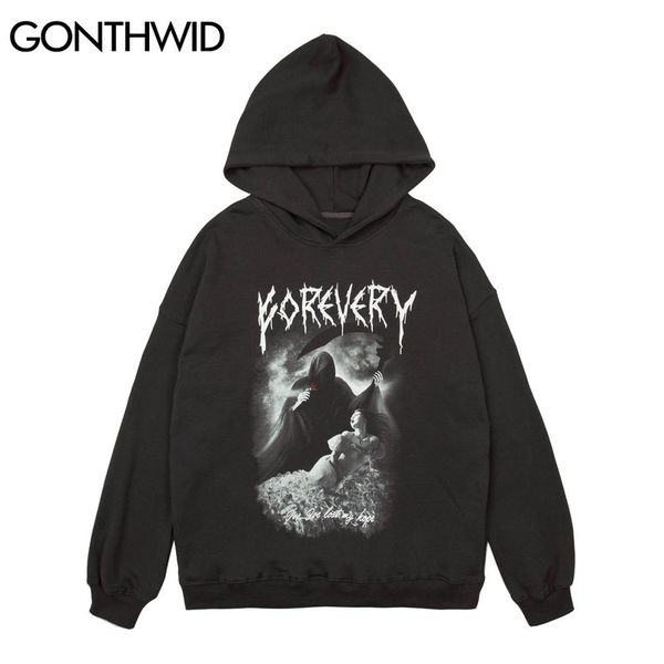 

grim reaper girl rose print hooded hoodies hip hop streetwear sweatshirts mens harajuku punk rock casual fashion, Black