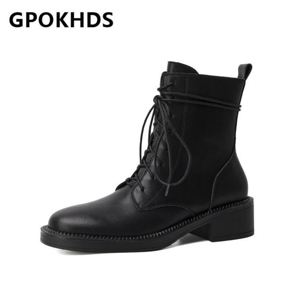 

boots gpokhds 2021 women ankle cow leather winter short plush round toe zipper med heels female riding size 40, Black