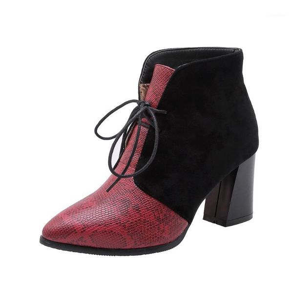 

2020 new women's high heel boots pu shoes woman pointed toe color matching lace up fashion women's spring boots size 33-451, Black