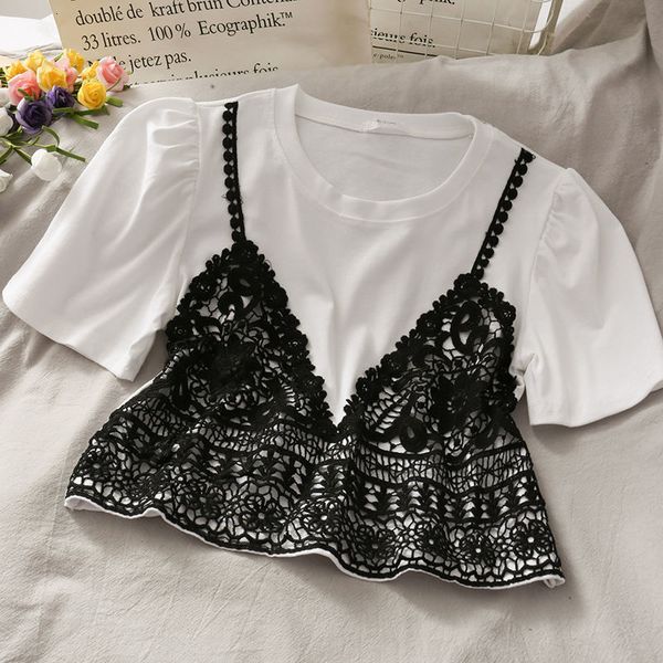 

women's fashions 2021 woven loop female shirt new neck loosed cotton t floral lace 51d0, White