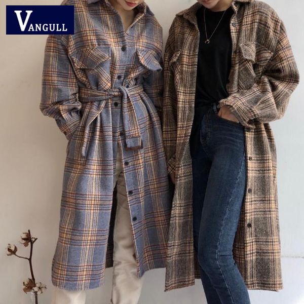 

vangull woolen plaid women's shirt coat autumn 2020 new single breasted vintage loose long sleeve belt female fashion clothes, White