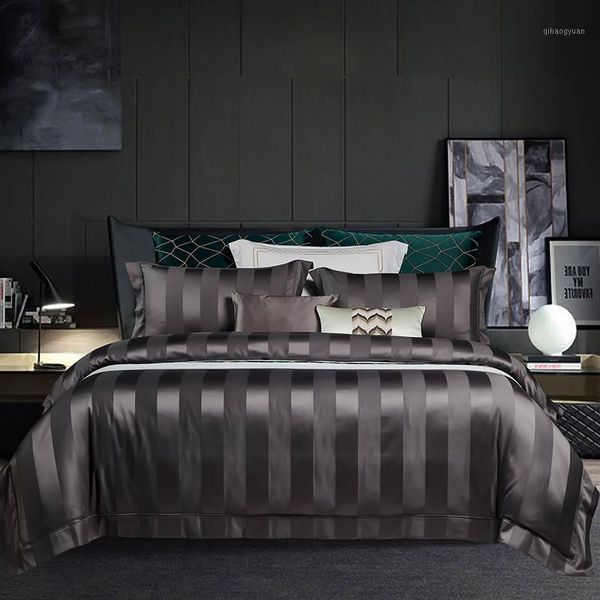 

1000tc cotton bedlinen stripe satin bed linen dark gray red,blue bedcover duvet cover with filling pillowcase bedding set1