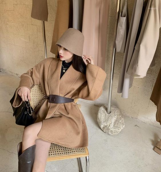 

solid loose elegant wool coats for women v-neck long-sleeved sashes slim office lady outwear jackets 1, Black