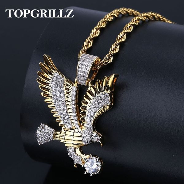 

rillz hip hop gold color plated copper iced out micro paved cz eagle pendant necklace men charm jewelry three style chains 201014, Silver