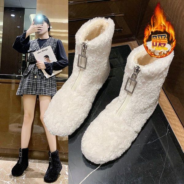 

winter 2020 women's shoes faux short plush snow boots flat bottom plush upper cotton shoes, Black