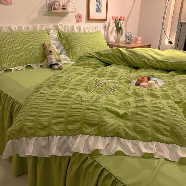 

bedding sets korean seersucker flat set 4pcs duvet cover washed cotton ab side home linens ruffles pillowcase sleeping bedclothes