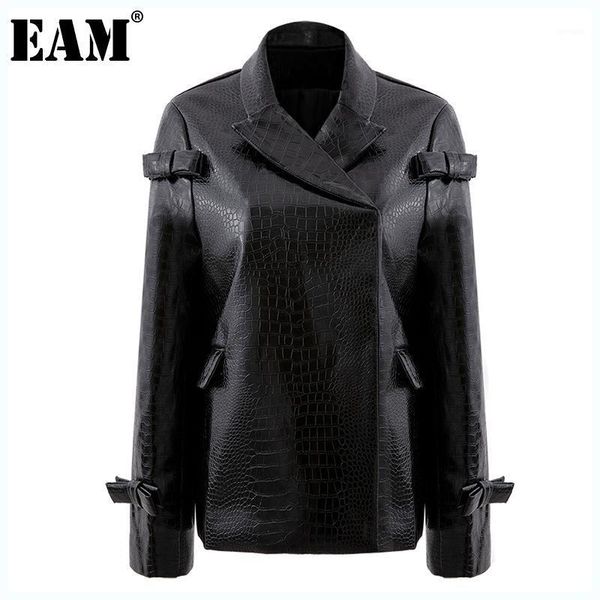 

eam] women bow black pu leather blazer new lapel long sleeve loose fit jacket fashion tide spring autumn 2021 1dd10481, White;black
