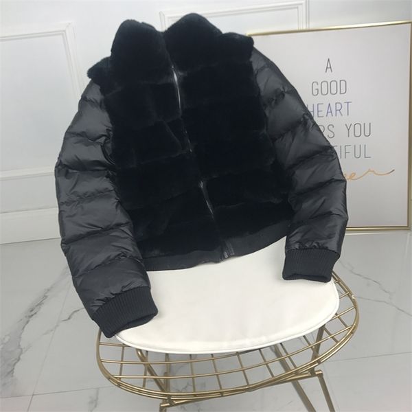 

100% natural rex rabbit fur coat casual sports style women jacket short with standing collar down sleeves thick warm outwear 201212, Black