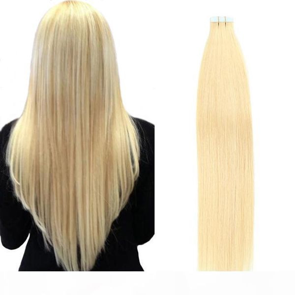 

#613 human hair tape in extensions european natural seamless pu skin weft 16-24 inch blonde 100% remy hair 20pcs double side tape, Black