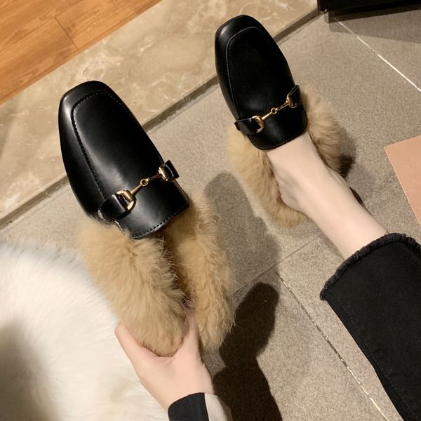 

трусы обуви женщины круглый toe теплый пушистый мягкий bottomwinter женщины крытый мул плюс размер winter mujer zapatos y201026, Black