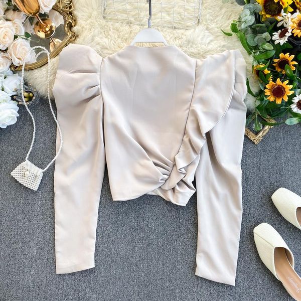 

2020 spring new ruffled jacket pull sleeve back zipper long-sleeved ladies slim fit short outfit, Black;brown