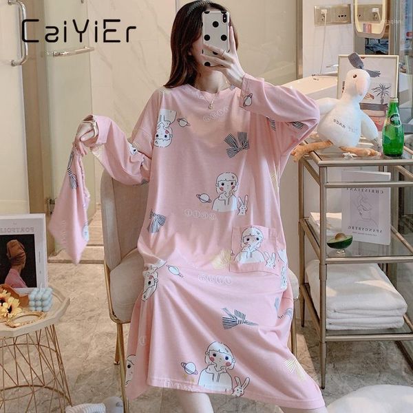 

caiyier cute pink girl print women night dress long sleeve thick o-neck sleepshirts sweet loose winter nightgowns with cloth bag1, Black;red