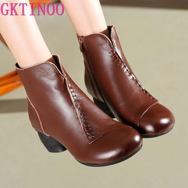 

gktinoo spring autumn women boots genuine leather thick heels ankle boots for women shoes retro handmade zipper short, Black