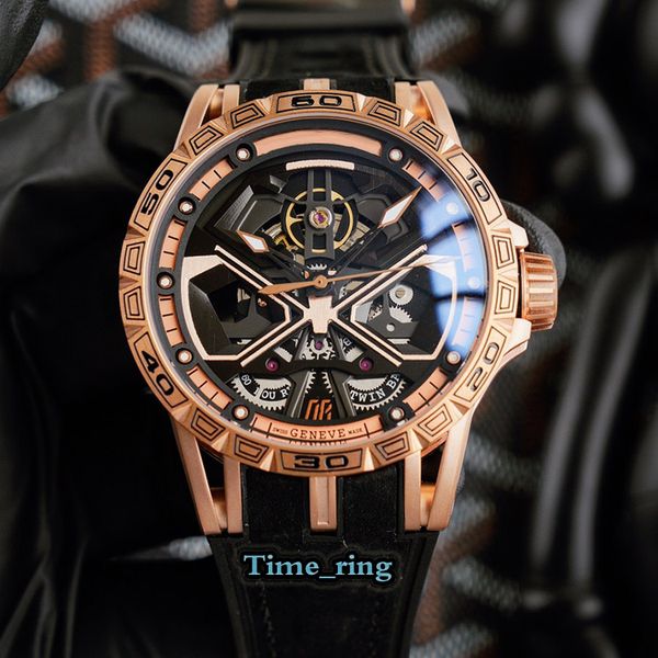 

high version excalibur spider rddbex0784 skeleton dial rose gold steel case automatic movement mens watch black leather strap sport watches, Slivery;brown