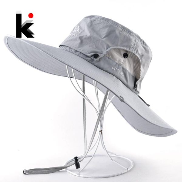 

wide brim bucket hat men outdoor breathable mesh waterproof sun cap solid color sport hat climbing hiking uv protection hats
