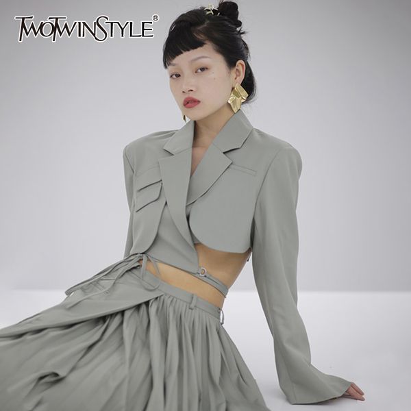 

twotwinstyle asymmetrical blazer women notched long sleeve slim waistless short irregular female clothing fashion tide 201102, White;black