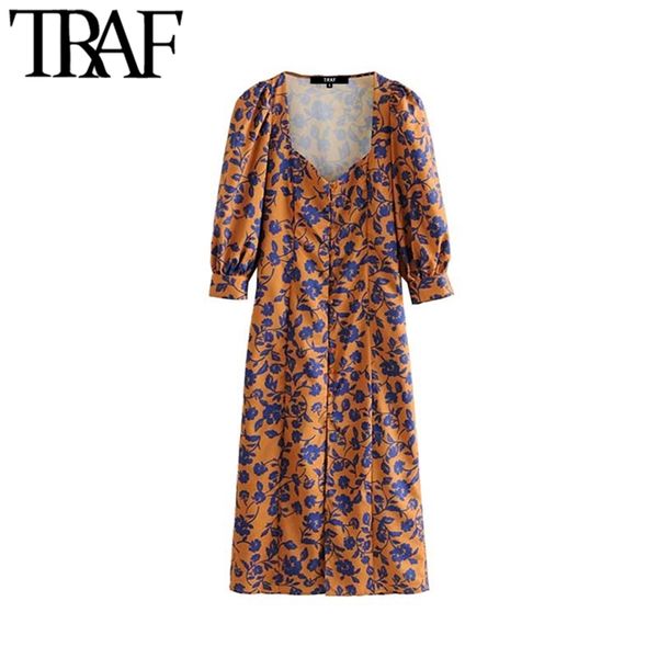 

traf women stylish deep v neck floral print midi dress vintage fashion three quarter sleeve side zipper dresses vestidos mujer y200805, Black;pink