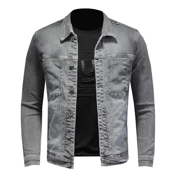 

light gray machine denim jacket men's lapel stand collar cotton denim coat slim casual long-sleeved jacket, Black;brown