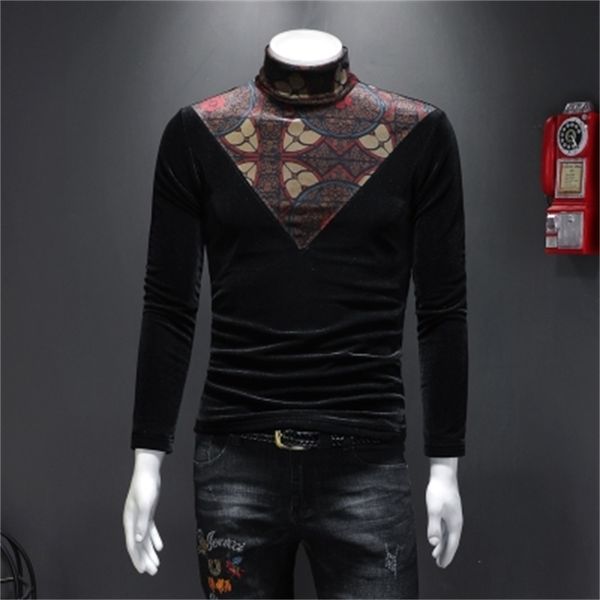 

long-sleeved t-shirt men's winter printing high-necked korean velvet double-layer thickening shirt youth tide large size shirt, White;black