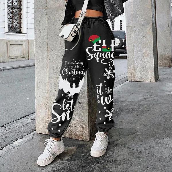 

2021 trousers women pants autumn and winter womens christmas print plus velvet loose style fitness sweatpants, Black;white