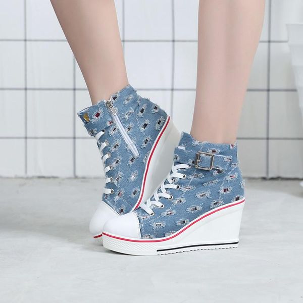 

summer new fashion women high canvas sneakers wedges shoes denim ankle lace up ladies ankle canvas shoes woman, Black