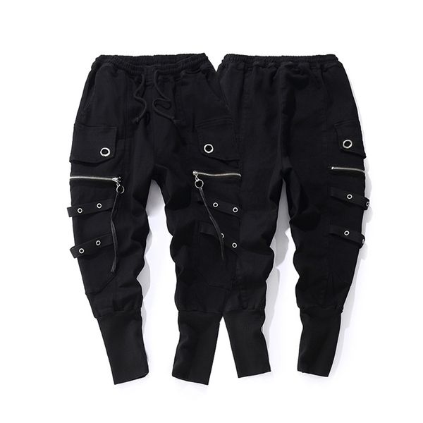 

fashion drawstring casual men joggers black sweatpants ribbon hip hop men streetwear casual trousers cross-pants lj201221