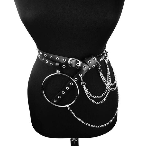 

punk goth big o ring metal chain belt buckle ladies strap harness waist belt pu leather harness adjustable belts for women, Black;brown