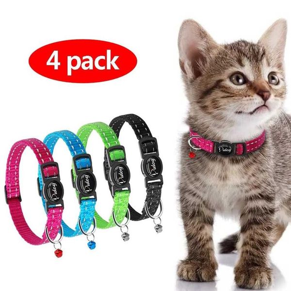 

4pcs/lot safety breakaway cat kitten collars nylon reflective safety collar for small cats with bell mixed bbyopz