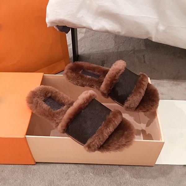 

fashion women's fur slippers with real wool real calfskin slide sandals winter warm boots with box, Black