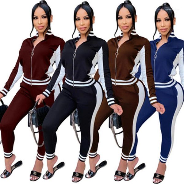 

tracksuits designer female autumn casual loose 2pcs sets ladies ribbing splicing sets fashion trend cardigan long sleeve zipper pants, Gray