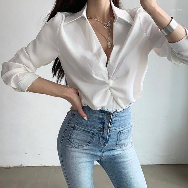 

deep v-neck women shirt pure color spring summer autumn female long sleeve elegant office lady blouse1, White