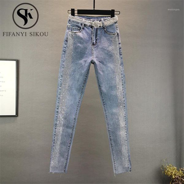

jeans for women slim denim pencil pants fashion diamonds high waist jeans female high elastic plus size stretch 2020 new1, Blue