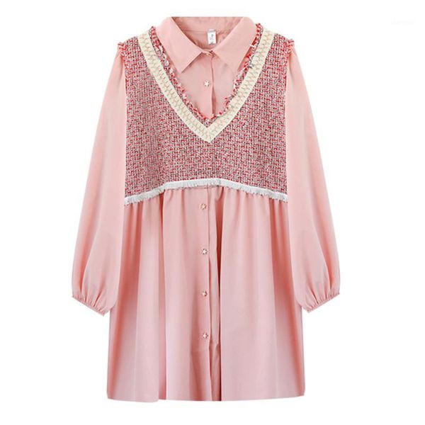 

perhaps u pink blue tweed patchwork turn down collar button long sleeve loose mini shirt dress fake 2pieces sweet autumn d19771, Black;gray