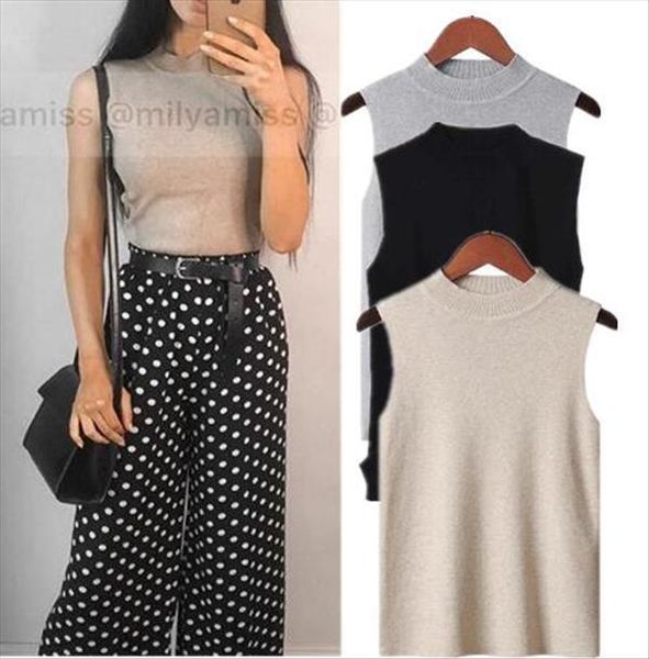 

korea knitted tanks 2021 acrylic summer slim solid color tank office ladies yellow white black green