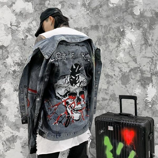 

tie dye skull letter print mens jeans jackets and coats chaqueta jeans vintage hombre denim coat streetwear bomber jacket1, Black;brown