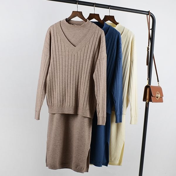 

women's autumn sweater and dress sets turtle collar sleeveless knitted long dressset winter two piece set outfit zx5m, White