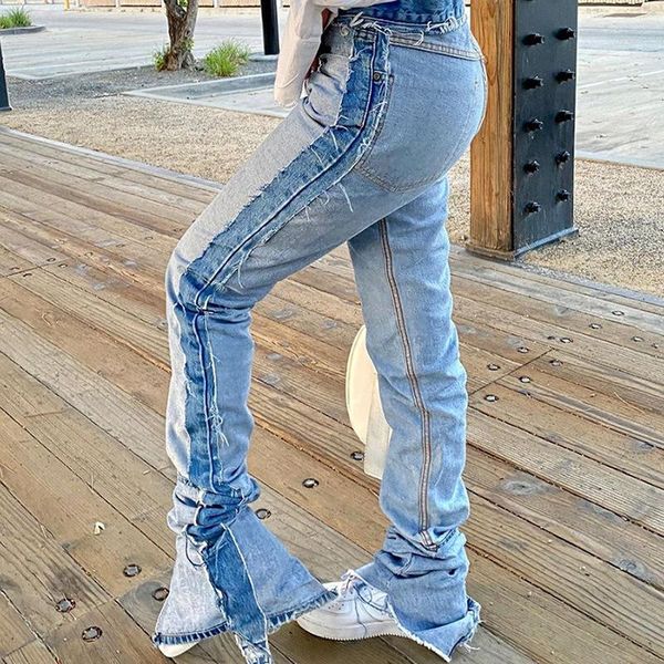 

vintage distressed patchwork jeans for women blue high waist stacked pants streetwear straight ladies denim jeans pants