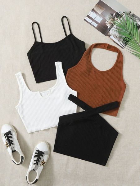 

4pcs solid ribbed knit crop z2ga#, White