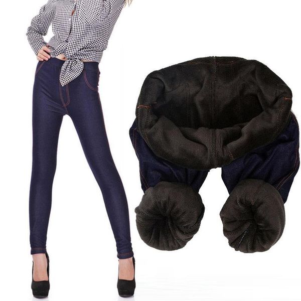 

xs-xxxl 2019 winter leggings women thicken warm pencil pants fleeces inside faux denim trousers footless leggings drop shipping, Black