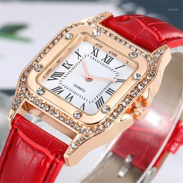 

wristwatches fashion women watch square case roman scale dial diamond quartz ladies leather bracelet femme dorado #l1, Slivery;brown