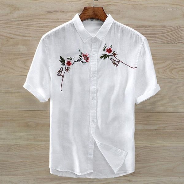 

2020 summer new men's rose embroidery 100% linen shirt short sleeve casual linen white shirt thin 1, White;black