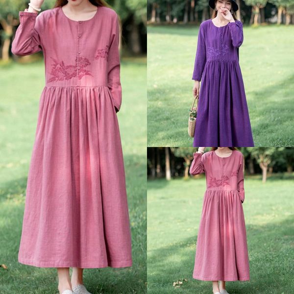 

осенью новый стиль художественный стиль белья свободная талия вокруг шеи однобортный вышивка рукавом платье платье вышитые длинные юбки длин, Black;gray