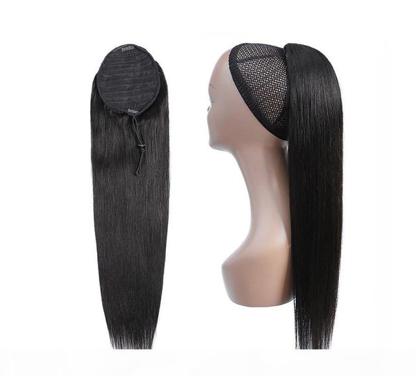 

silky straight ponytail human hair remy brazilian drawstring ponytail 1 piece clip in hair extensions 1b pony tail, Black